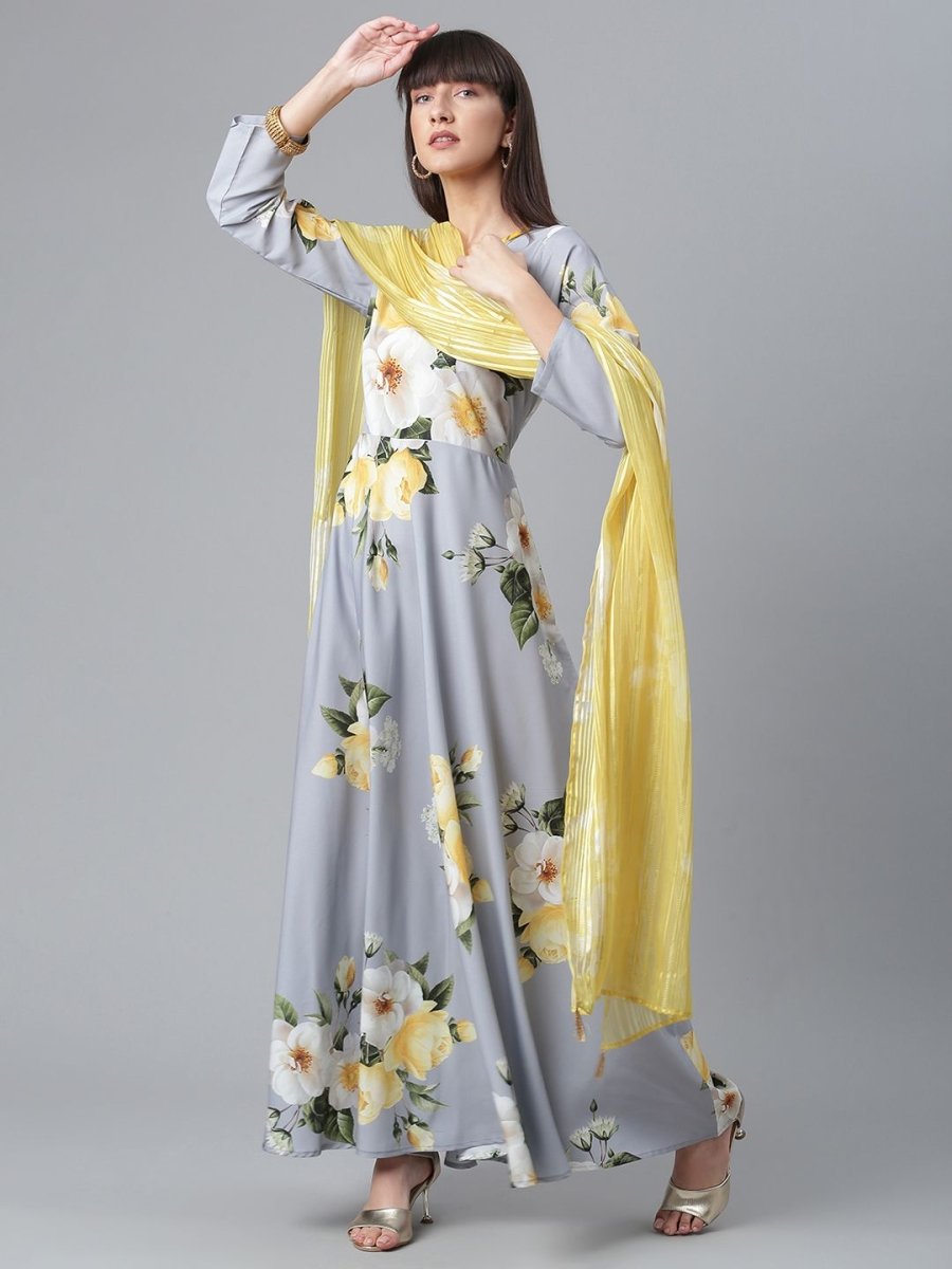 Ahalyaa Rayon Grey Digital Print Kurta With Dupatta Set | Swadesiicart