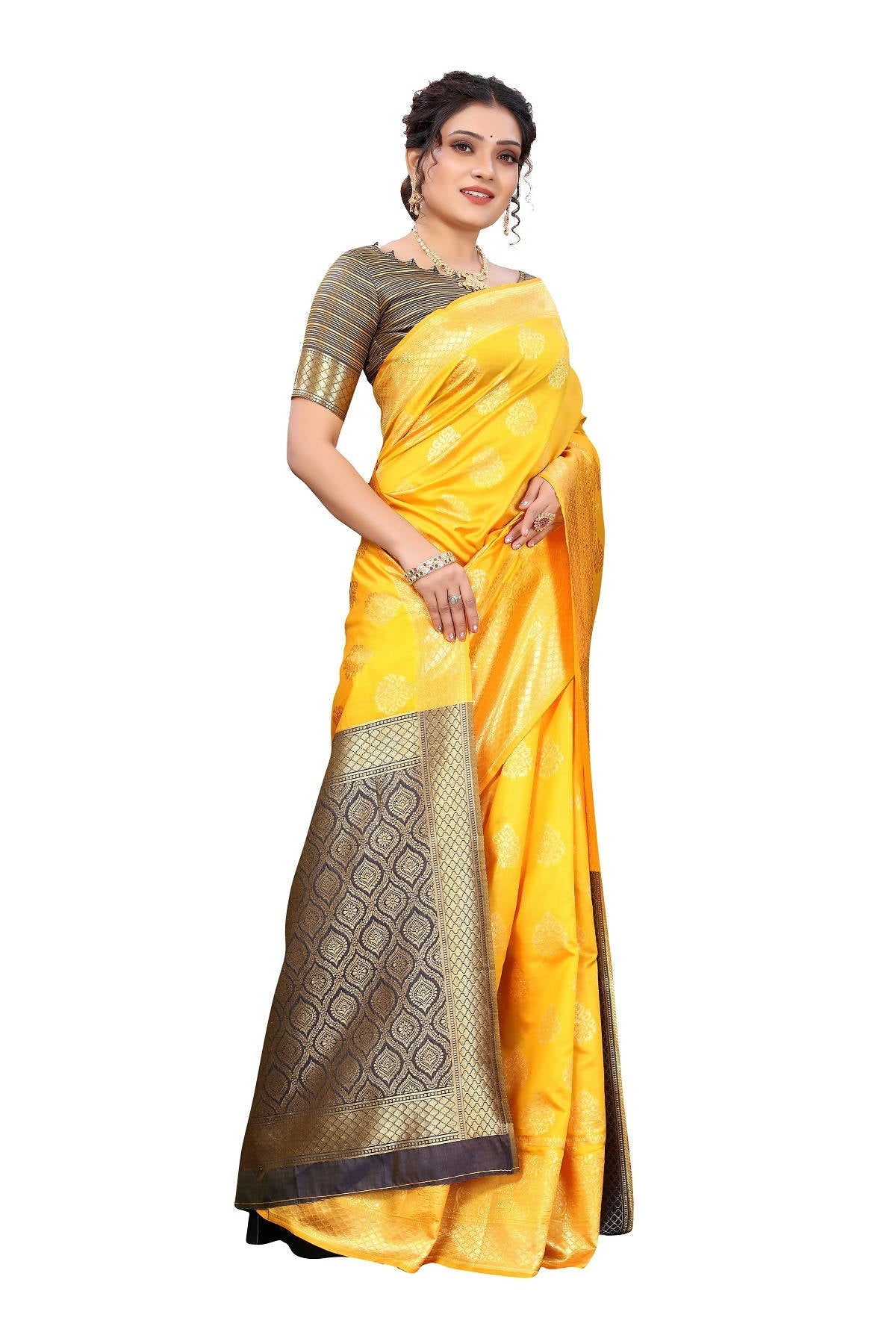 Vamika Ethnic Fire Yellow Weaving Banarasi Jacquard Saree | Swadesiicart
