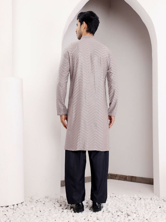Grey Viscose Designer Chikankari Embroidery Work Men's Kurta - Mahotsav | Swadesiicart