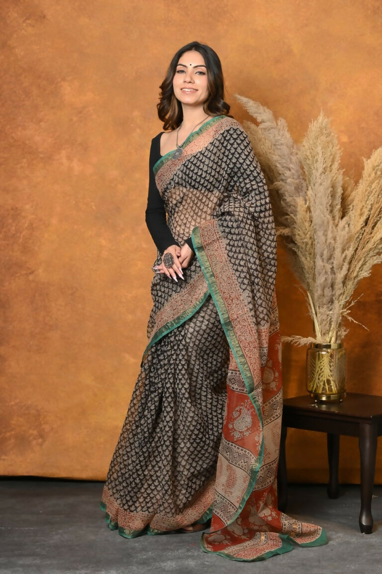 Very Much Indian Handloom Pure Kota Cotton Handblock Printed Saree - Cerulean Print | Swadesiicart