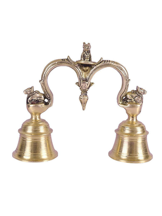 CraftVatika Gold-Toned Brass Hand Held With Nandi Sitting On Top Double Puja Bell | Swadesiicart