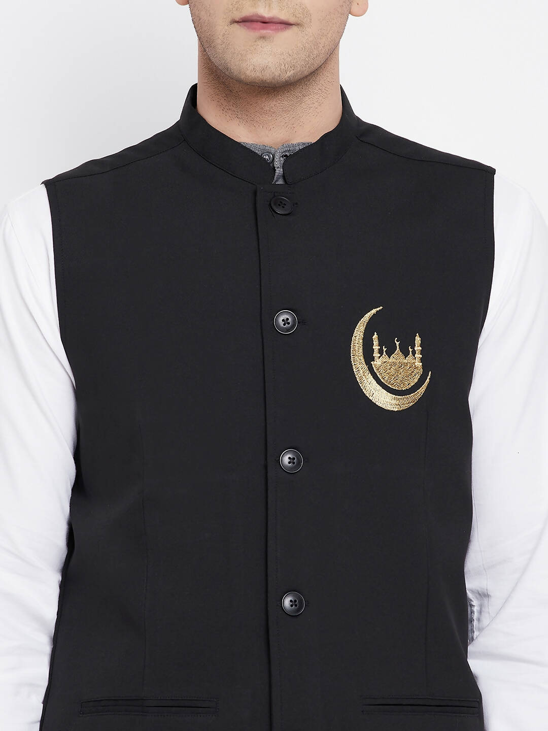Even Apparels Black Pure Cotton White Kurta Sets With Eid Insignia Jackets PW668-CHA | Swadesiicart