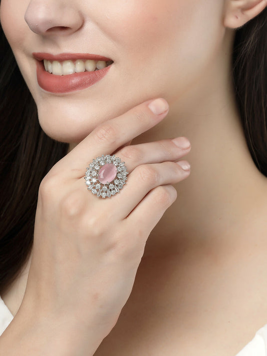NVR Women's Pink & Silver CZ-Studded Handcrafted Adjustable Finger Ring | Swadesiicart