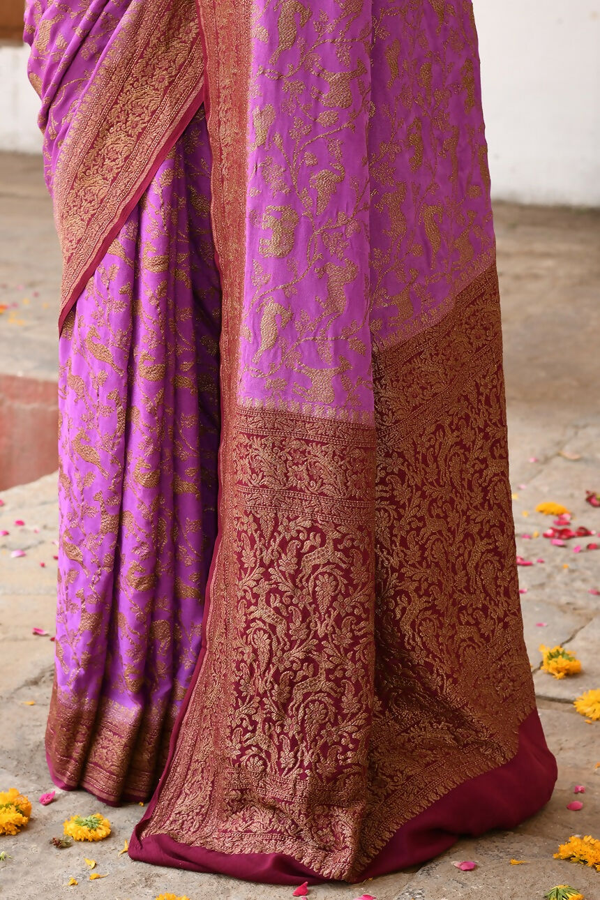 Joban Fashion Hot Pink Crepe Chiffon Pure Handloom Banarasi Silk Saree | Swadesiicart