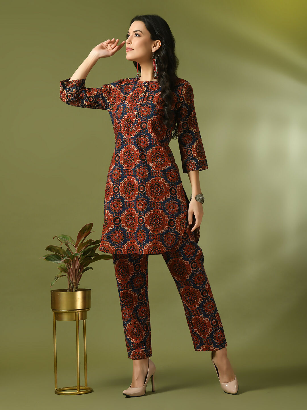 Myshka Women's Multi Printed Cotton Round Neck Party Tunic With Trousers Co-ord set - Swadesiicart