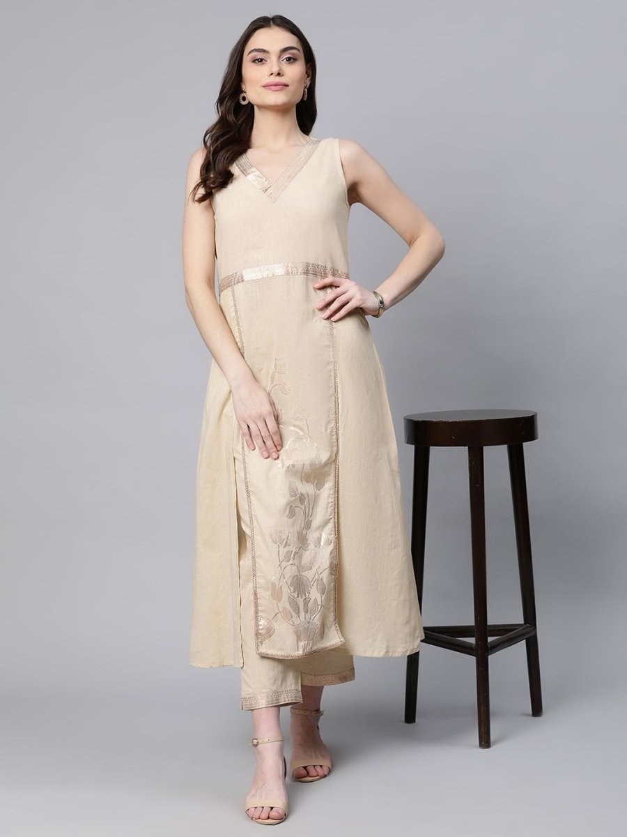 Ahalyaa Women Beige Pure Cotton Printed Floral Kurta With Trousers | Swadesiicart