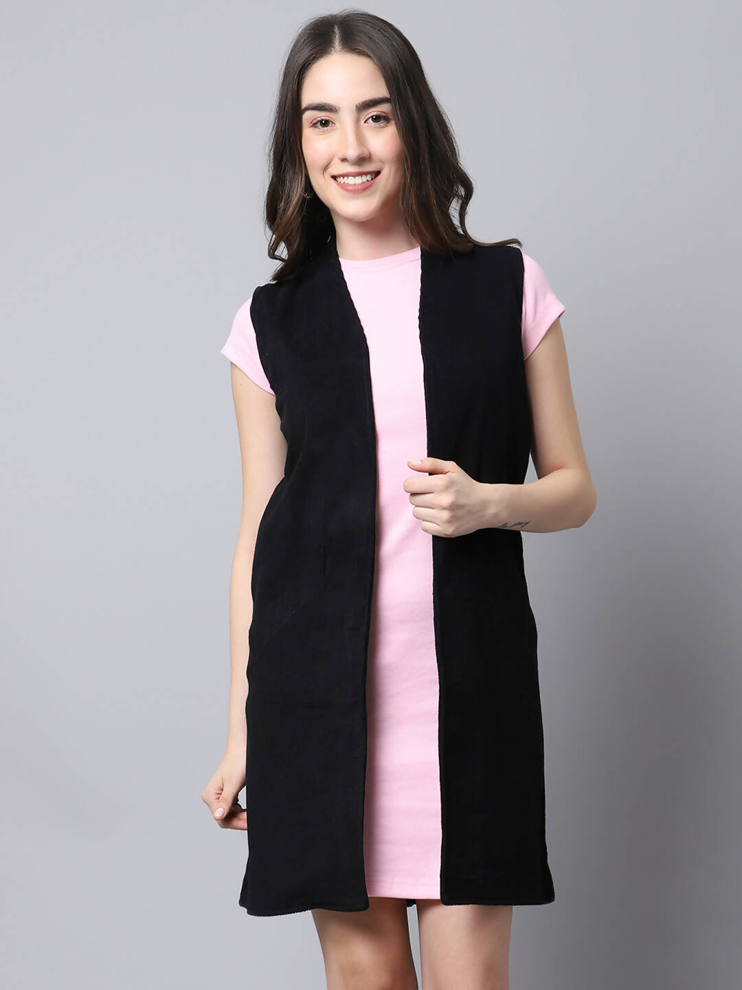 Even Apparels Black Polywool Open Front Corduroy Women's Long Coat | Swadesiicart
