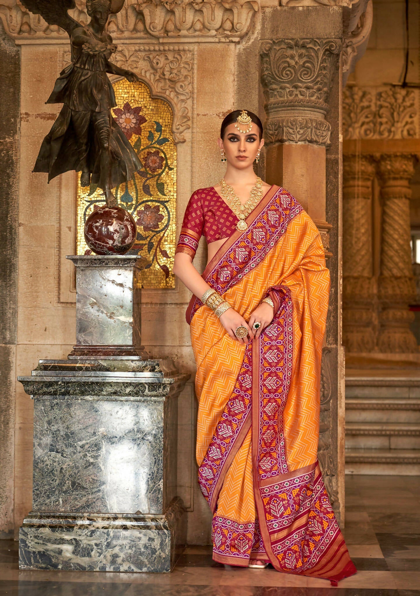 Orange Banarasi Weaving, Ultra Aqua Finish, Zari Work Banarasi Silk Saree - Rath Kunti - Swadesiicart