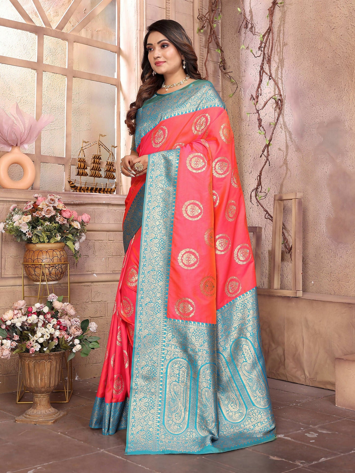 Joban Fashion Pink Banarasi Soft Silk Woven Saree | Swadesiicart