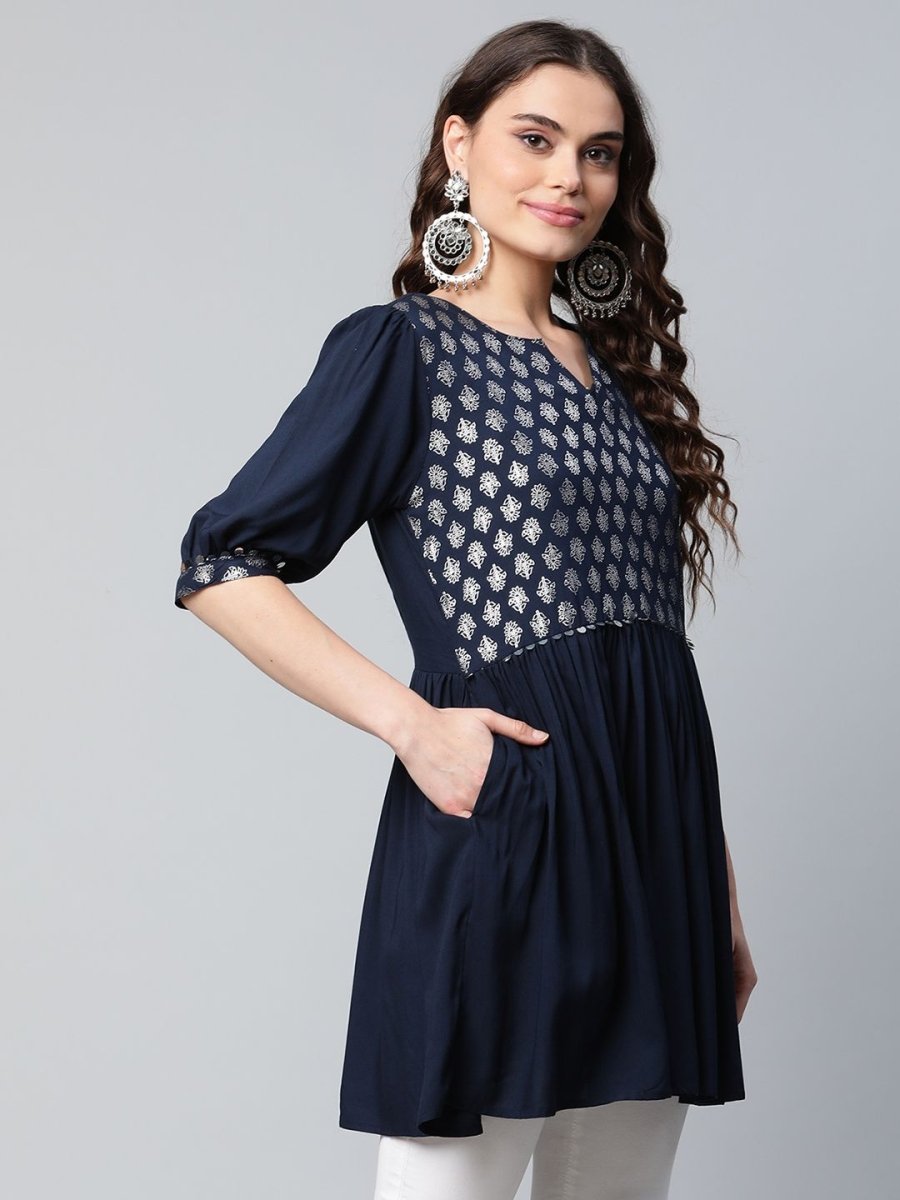 Ahalyaa Women Navy Blue Rayon Silver Foil Print Tunic | Swadesiicart