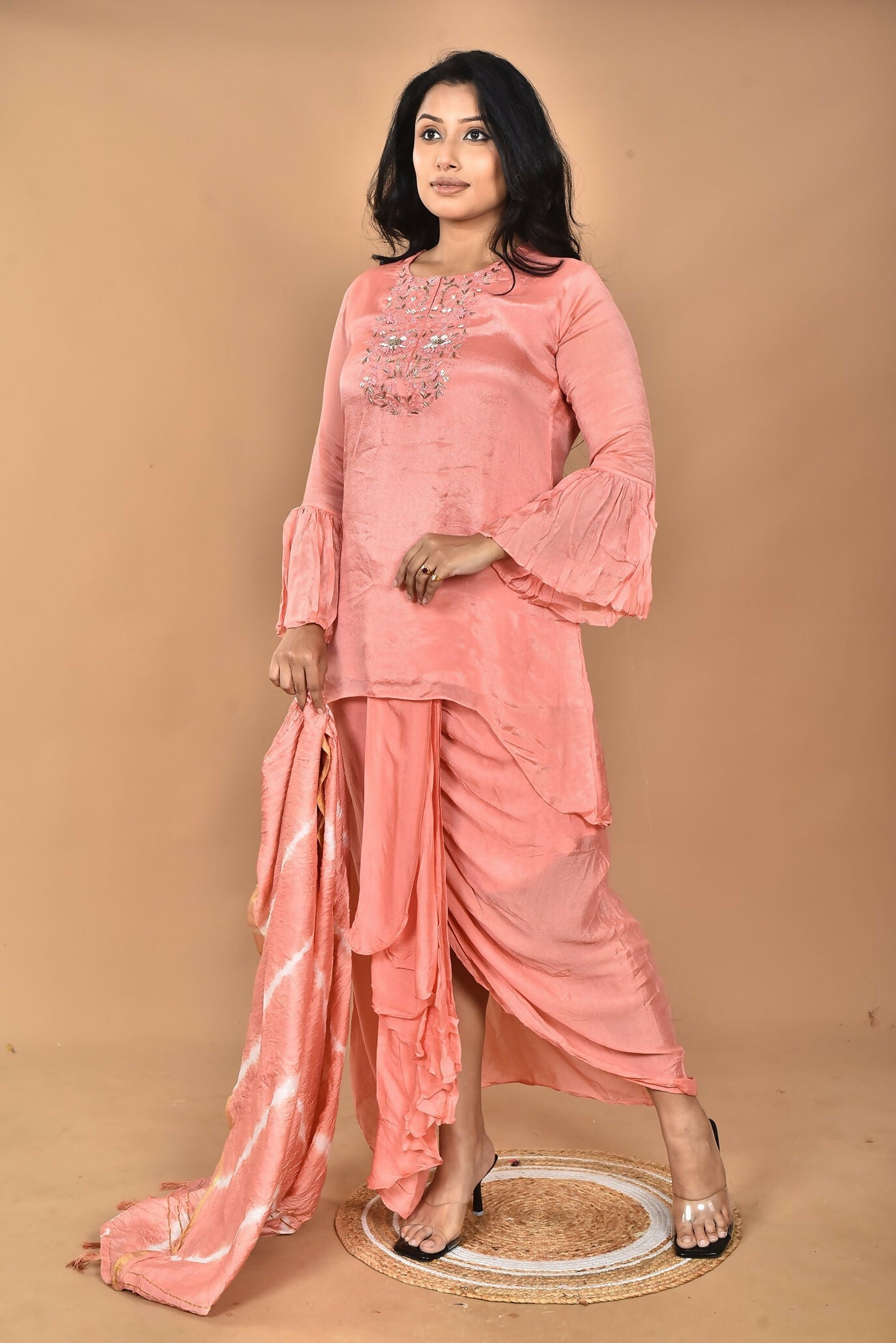 Morchari Women And Hand Embroidery Palazzo Set-Peach - Swadesiicart