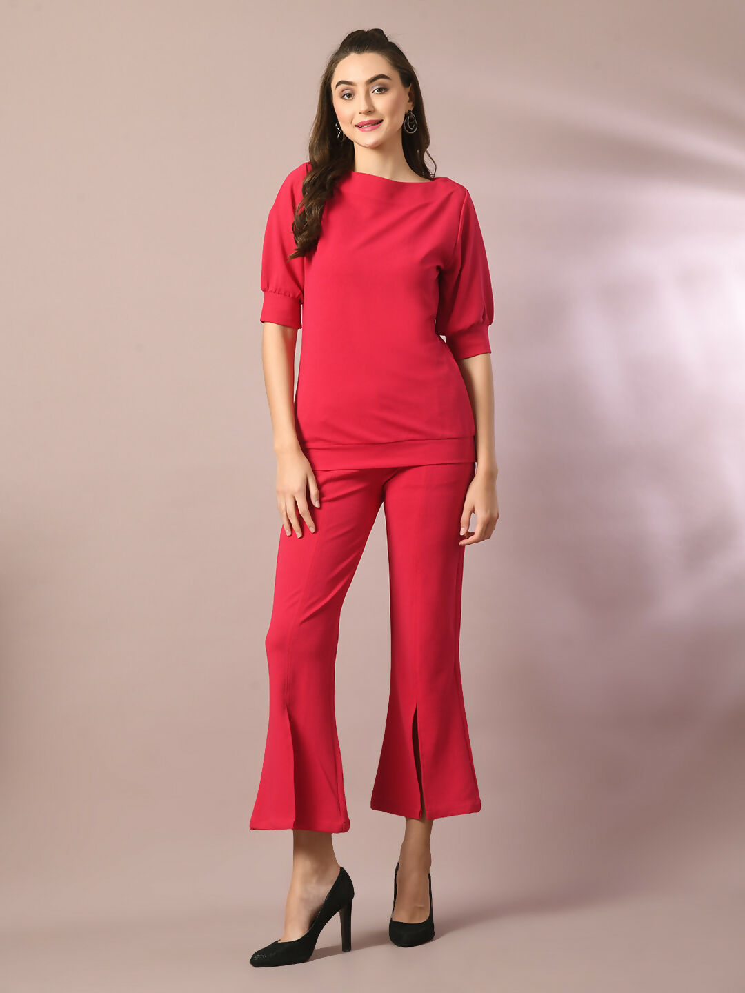 Myshka Women's Pink Solid Boat Neck Party Top With Trousers Co-ord set - Swadesiicart