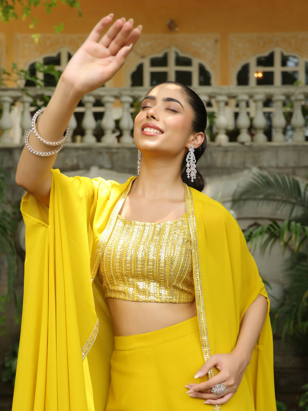 Janasya Yellow Georgette Sequined Top Bottom Cape | Swadesiicart