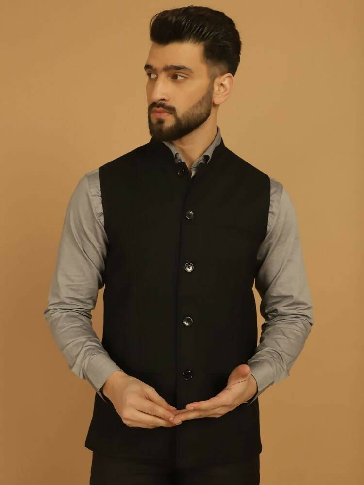 Even Apparels Nehru Jacket With Welt Pockets - Black | Swadesiicart