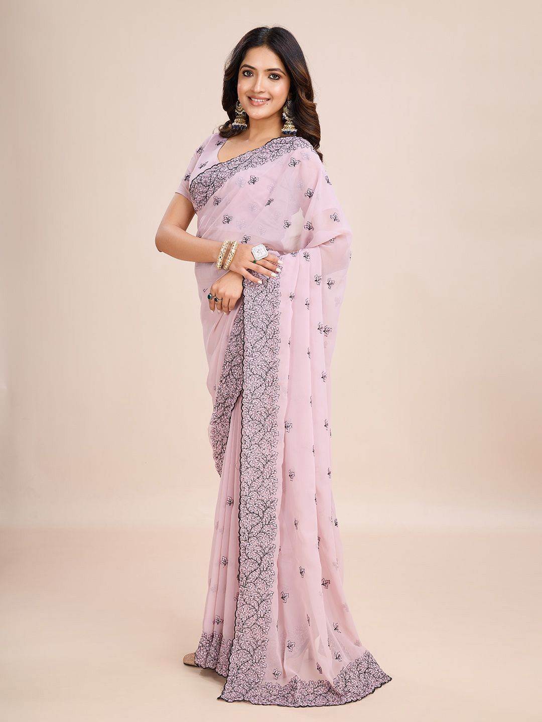 kasee Floral Embroidered Pure Chiffon Ready to Wear Saree | Swadesiicart