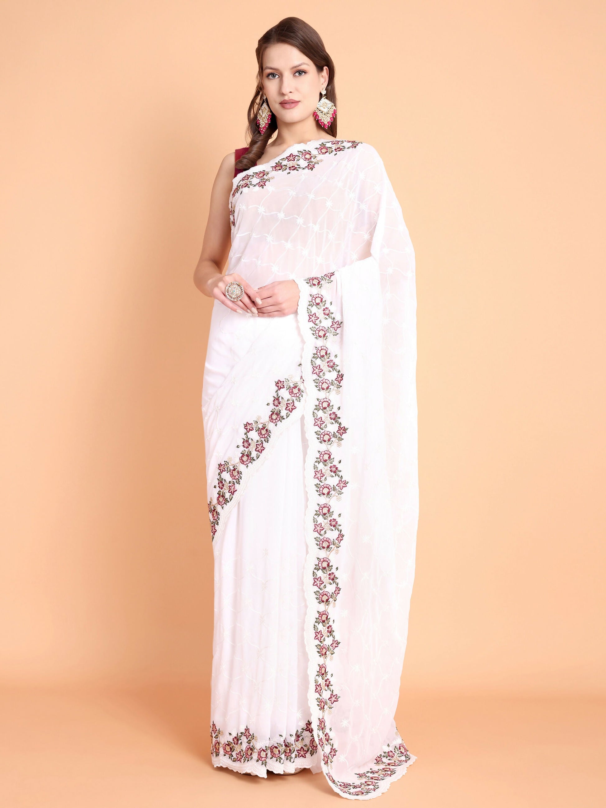 Vamsee Ammelia White Georgette Saree - Swadesiicart