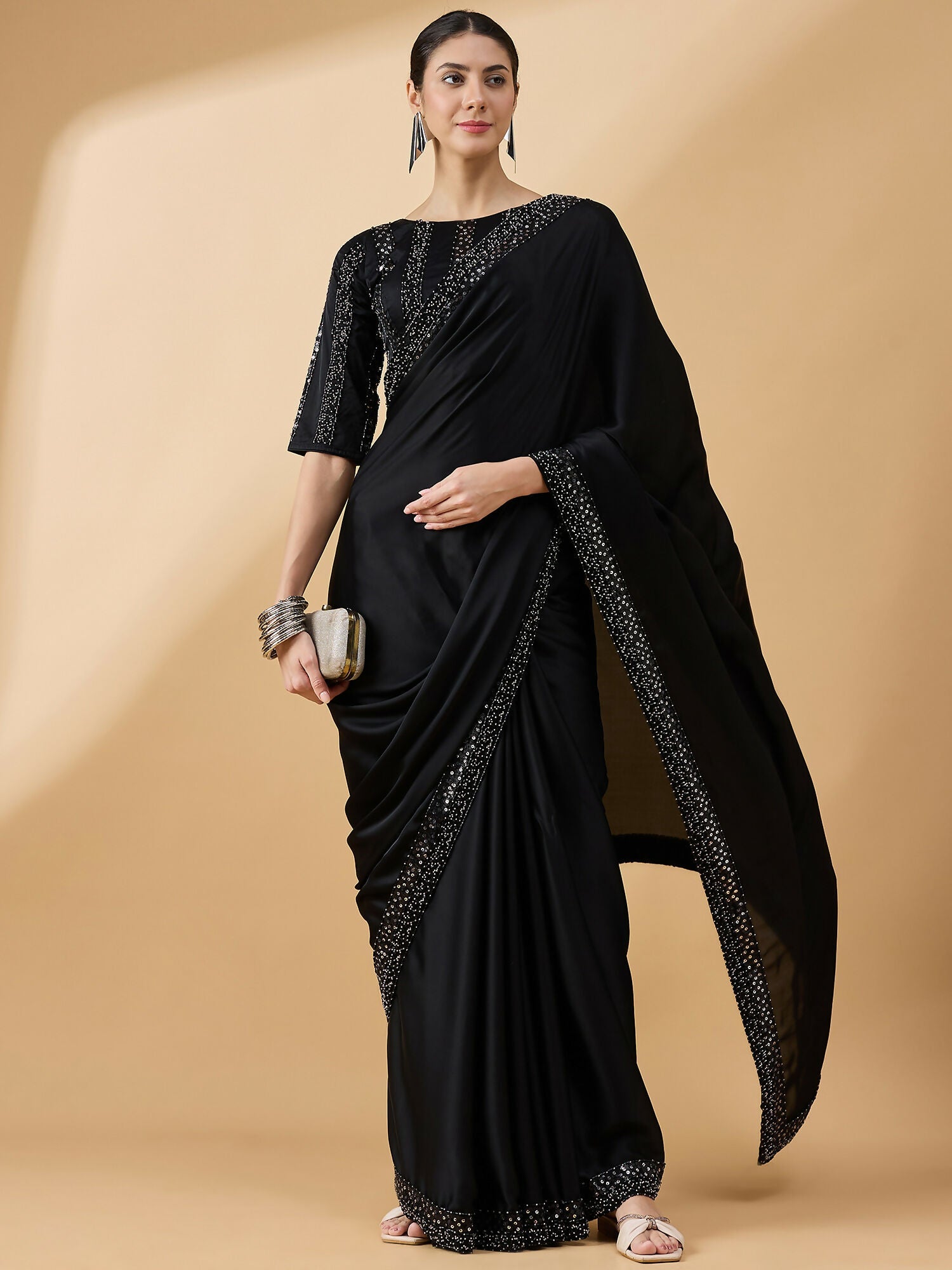 Black Satin Solid Sequence Work Saree with Stitched Blouse - Dharavi