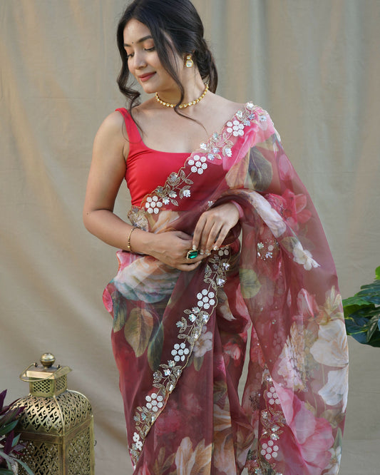 Vamsee Sarangi Red Organza Saree - Swadesiicart