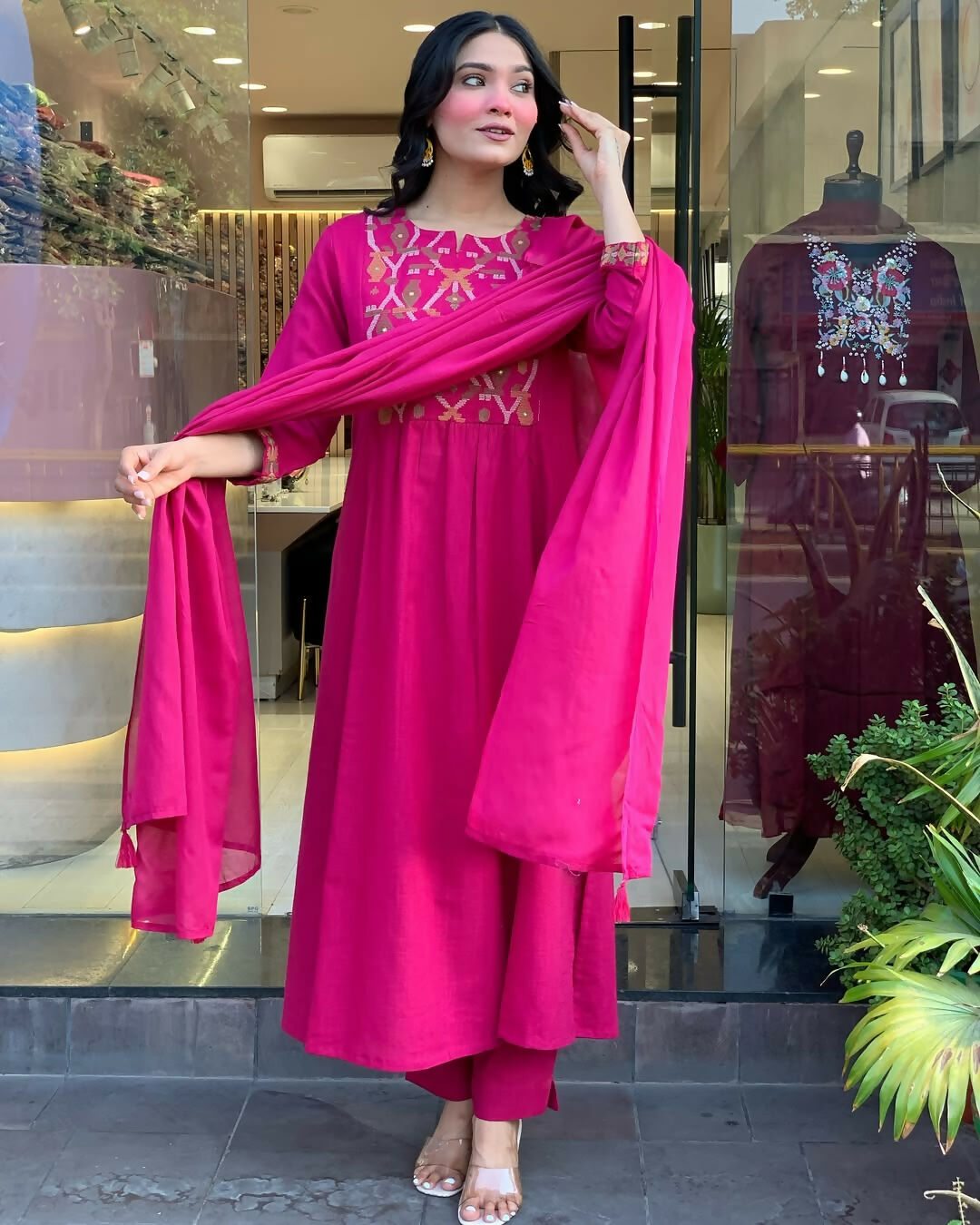 The52 Pink Women's Gorgeous Chanderi Fabric Embroidered Work Straight Kurta Pant and Dupatta Set - Swadesiicart