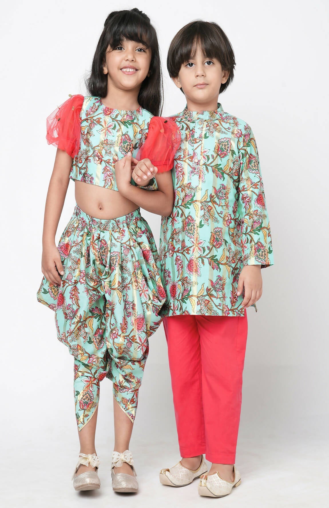 Lil Drama Golden Weaves Blue Crop Top With Dhoti Co-Ordinate Set - Swadesiicart