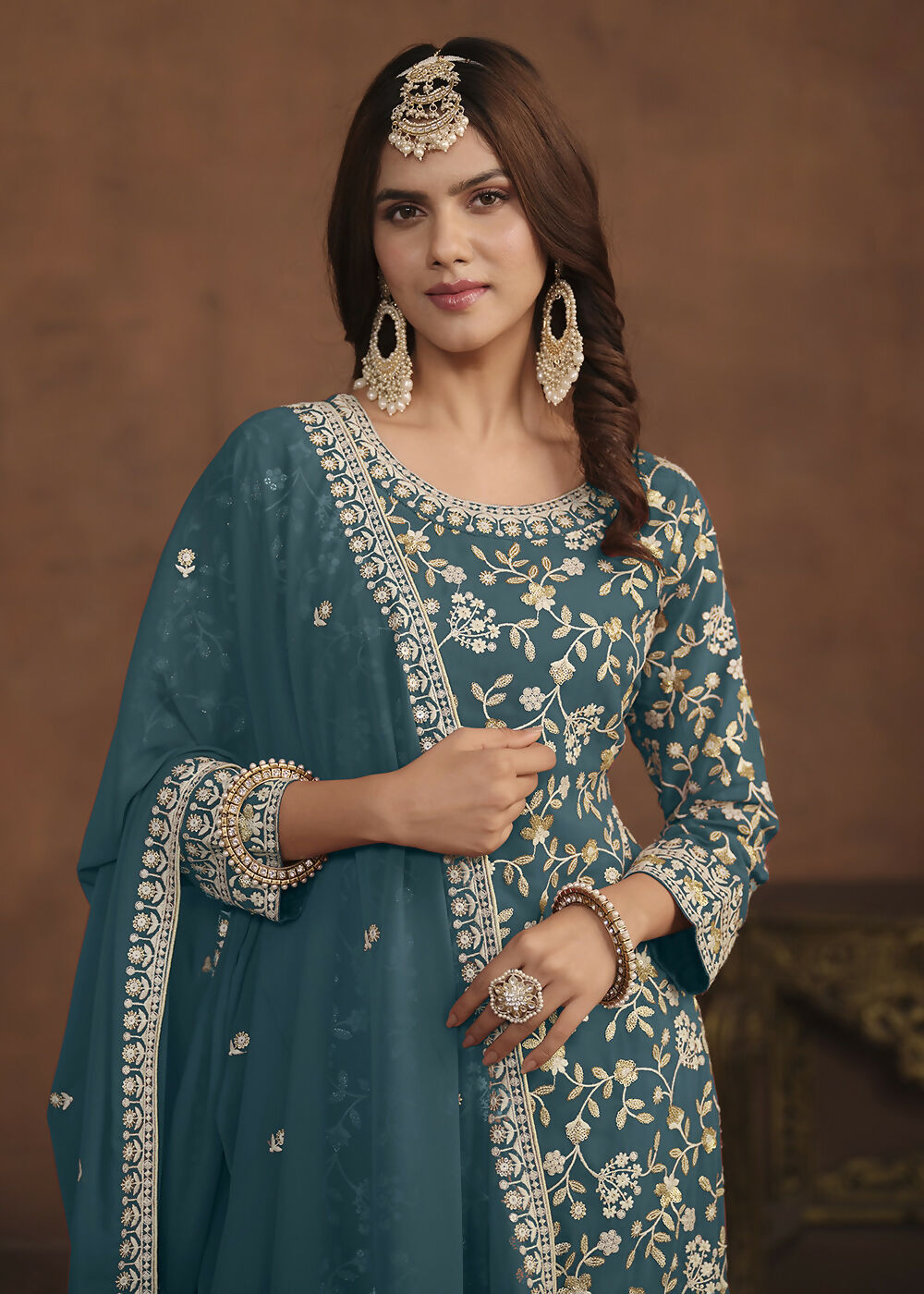 Faux Georgette Teal Blue Embroidered Festive Salwar Suit - Emponline | Swadesiicart