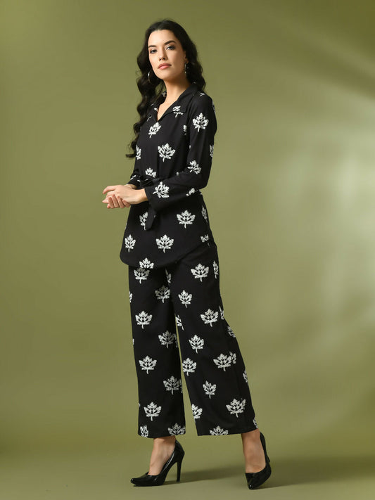 Myshka Women's Black Printed Polo Collar Party Top With Trousers Co-ord set - Swadesiicart