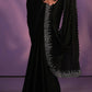 Black Crepe Satin Silk Embroidered Saree With Stitched Blouse - Mohmanthan Exotica