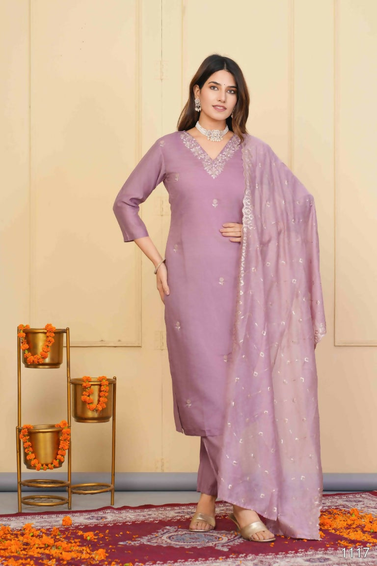 Wine Viscose Chanderi Embroidered Stitched Suit With Dupatta - Tanisha | Swadesiicart