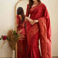 DEIANA'S Beautiful Designer Golden zari Soft Lichi Silk Saree - Red - Swadesiicart