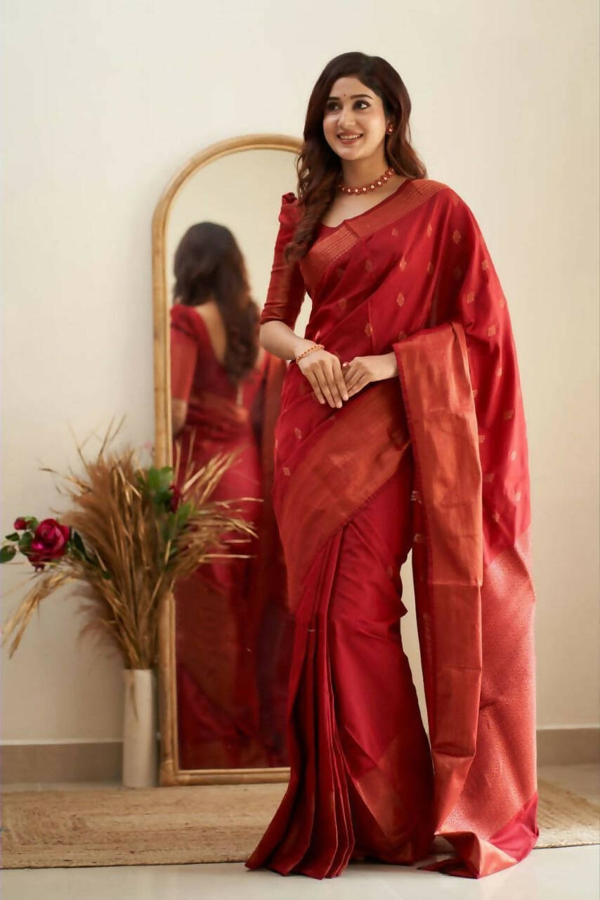 DEIANA'S Beautiful Designer Golden zari Soft Lichi Silk Saree - Red - Swadesiicart