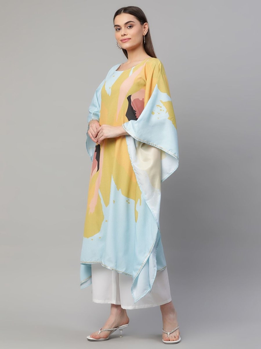 Ahalyaa Women Yellow Crepe Digital Printed Kaftan Kurta with Palazzos | Swadesiicart
