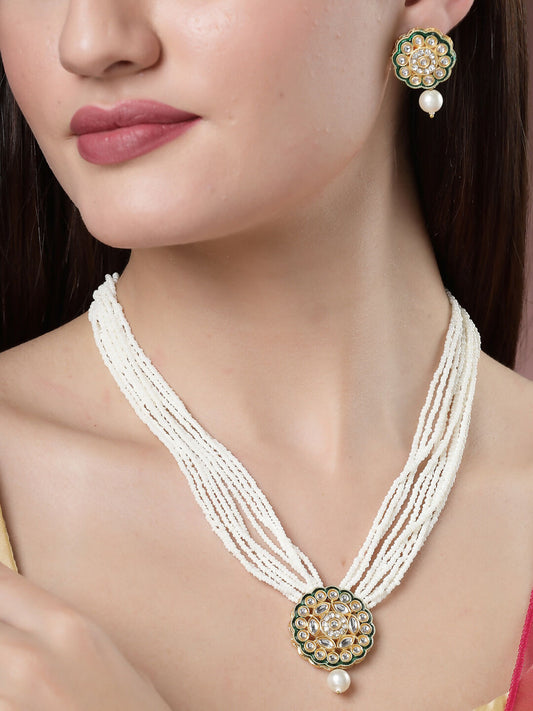 NVR Women's White & Gold-Polished Kundan & Pearl Jewellery Set - NR Retail-NVR