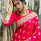 Vishnu Weaves Women's Pink Banarasi Silk Floral Zari Woven Saree with Unstitched Blouse - Swadesiicart