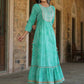 Juniper Women's Green Printed Embroidered Mirror Work Sequin Cotton Flared Dress | Swadesiicart