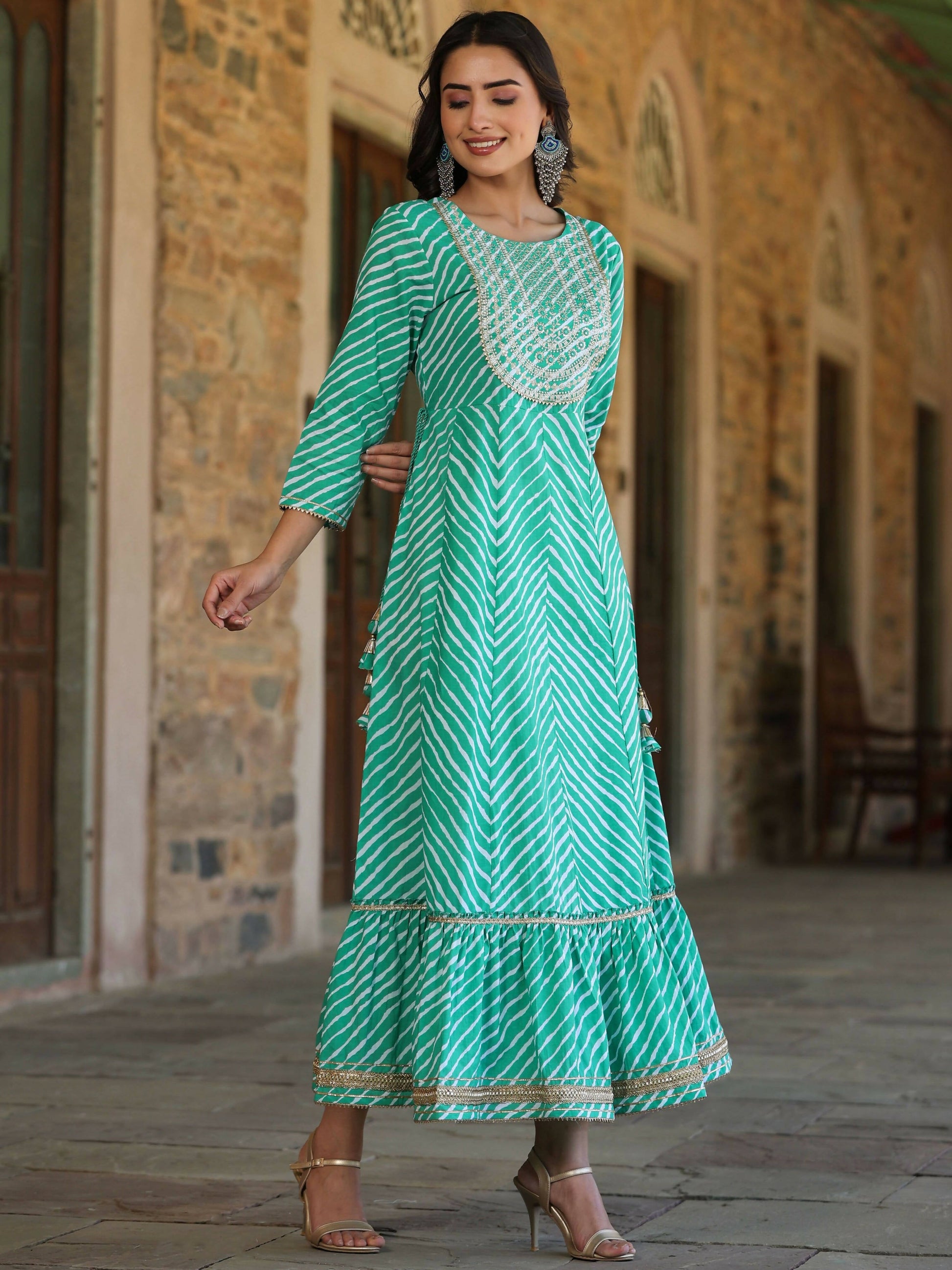 Juniper Women's Green Printed Embroidered Mirror Work Sequin Cotton Flared Dress | Swadesiicart
