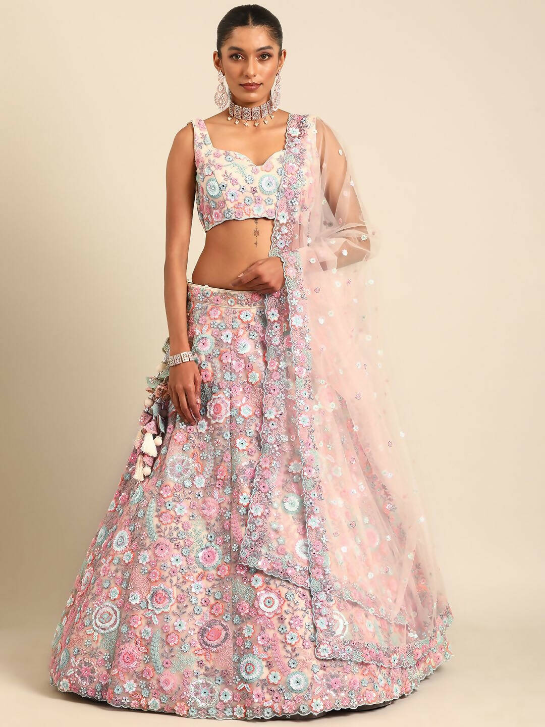 House of Panchhi Cream Net Sequins, Mirror and thread embroidery Lehenga choli & Dupatta | Swadesiicart