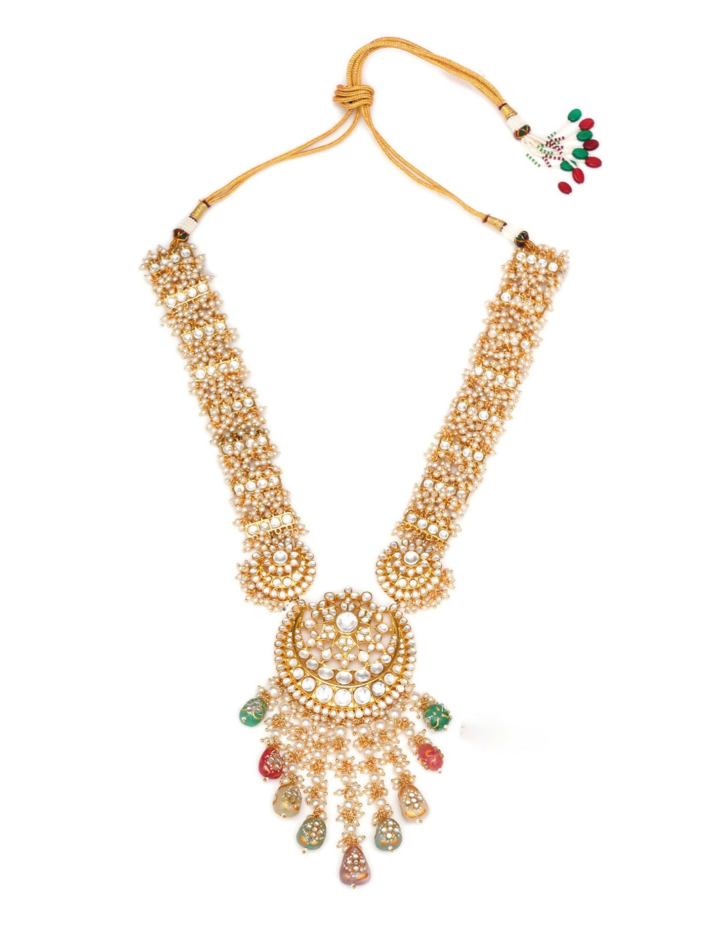 Long Kundan Neckpiece with Earrings & Maang Tikka with Multi Stones Jewellery Set (Gold) - Ruby Raang - Swadesiicart