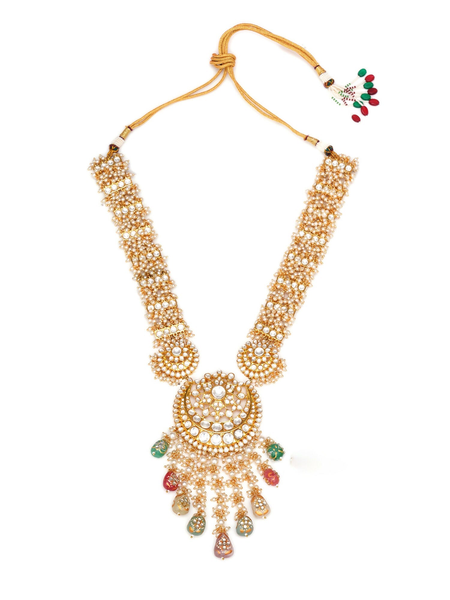 Long Kundan Neckpiece with Earrings & Maang Tikka with Multi Stones Jewellery Set (Gold) - Ruby Raang - Swadesiicart