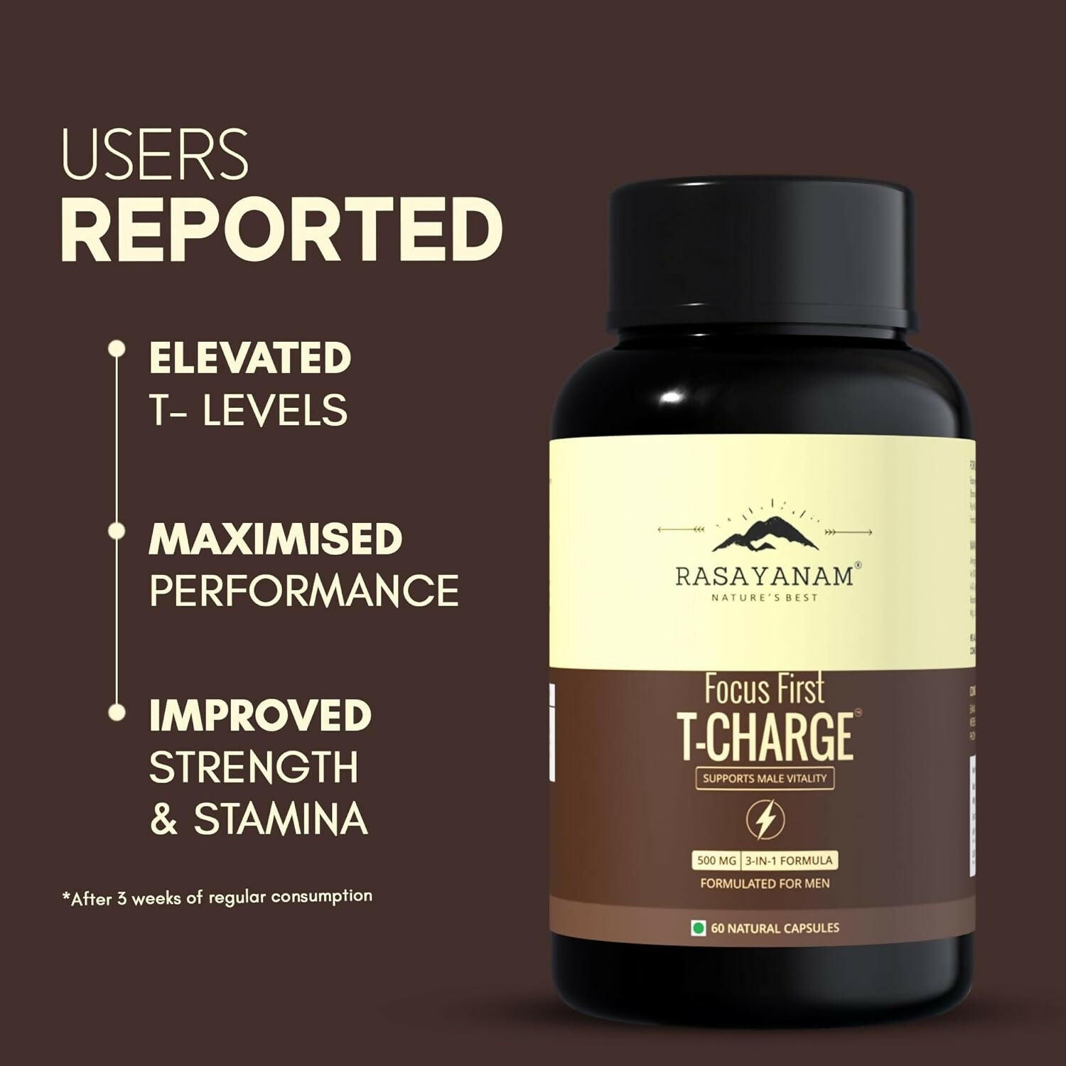 Rasayanam T-Charge Capsules (500mg) 3-in-1 Testosterone Supplement for Men with Sj | Swadesiicart
