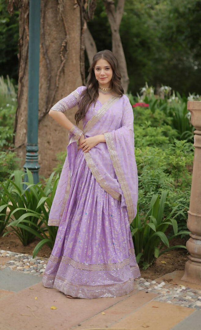 Lorenvalley Lavender Pure Viscose Jacquard with Golden Embroidered Sequins work Lehenga Choli | Swadesiicart