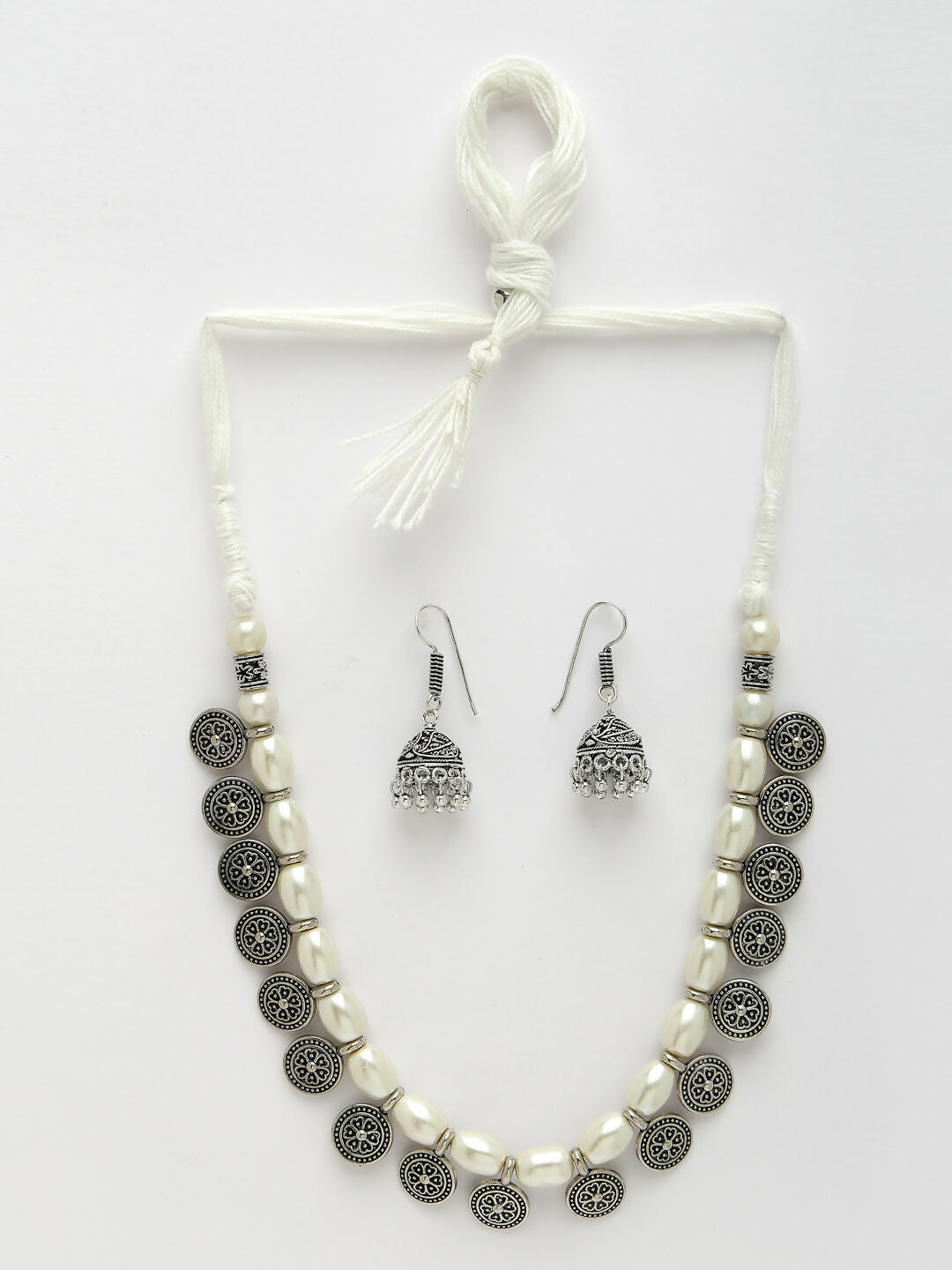 NVR Women's White Silver-Plated Choke Oxidized Necklace with Jhumka Earrings - Swadesiicart