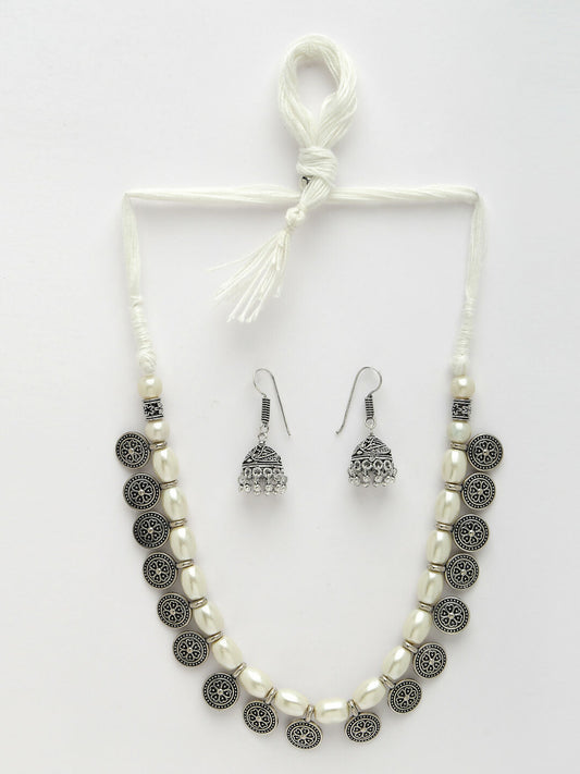 NVR Women's White Silver-Plated Choke Oxidized Necklace with Jhumka Earrings - Swadesiicart
