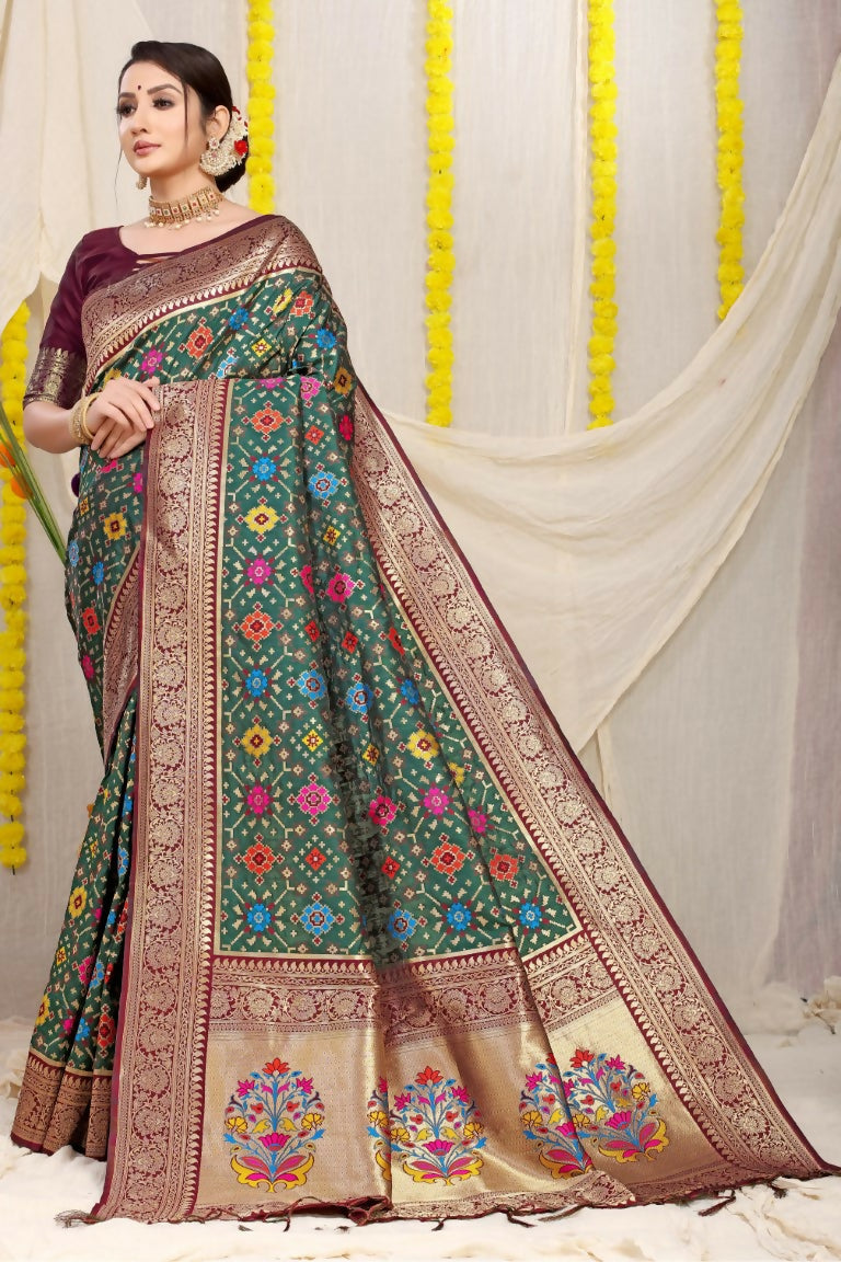 Jyoti Fashion Women's Bottle Green Patola Silk Zari Woven Saree with Blouse | Swadesiicart