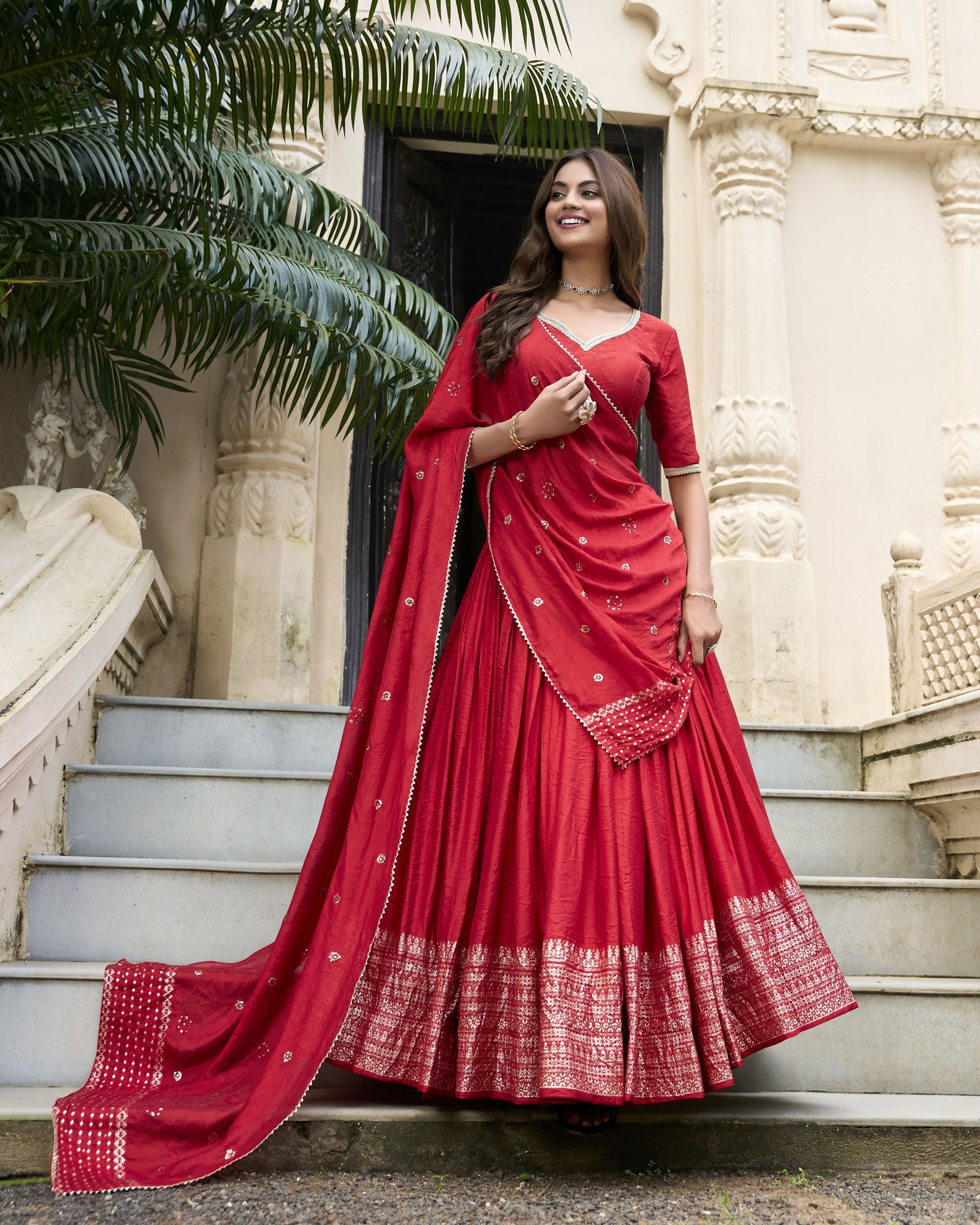 Lorenvalley Red Pure Chanderi Plain With Zari Weaving Work Border Lehenga Choli | Swadesiicart