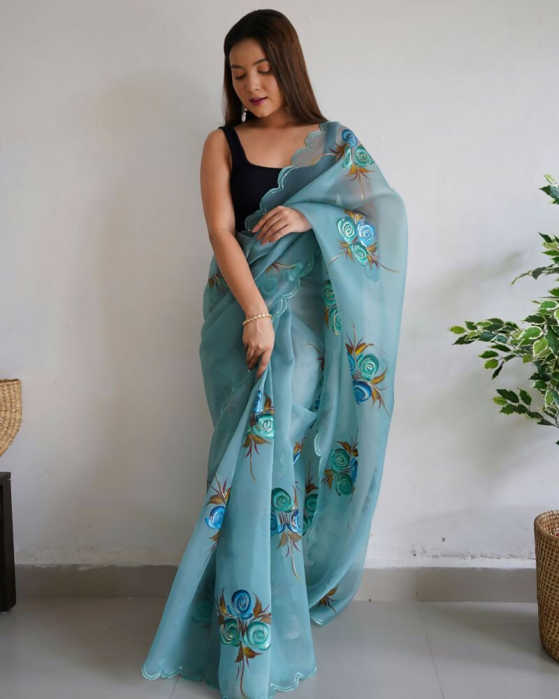 Vamsee Urvashi Blue Organza Saree - Swadesiicart