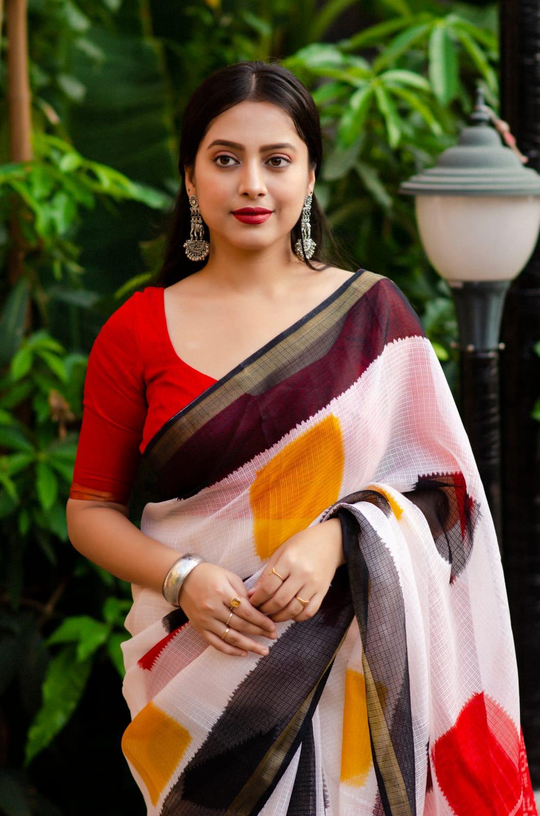White Polycotton Ethnic Motifs Saree with Unstitched Blouse - Hiral Fashion | Swadesiicart