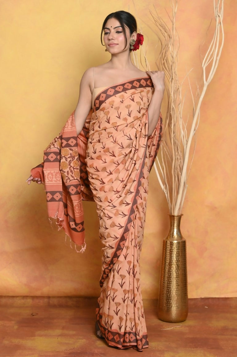 Very Much Indian Designer Modal Silk Saree With With Beautiful Floral Print - Light Orange | Swadesiicart