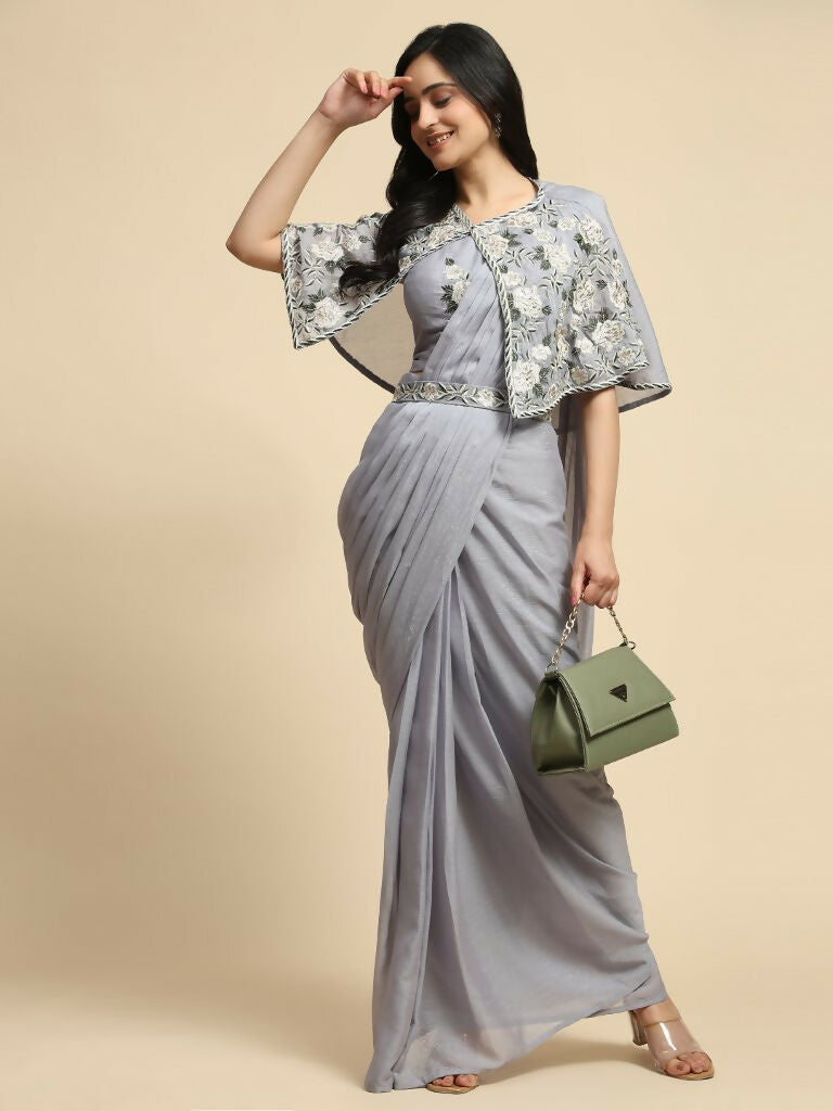 Grey Chiffon Solid Ready to wear Saree with stitched Blouse - Aayan | Swadesiicart