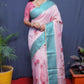 Jyoti Fashion Women's Teal Linen Silk Digital Print with Jacquard Woven Border Saree with Blouse | Swadesiicart