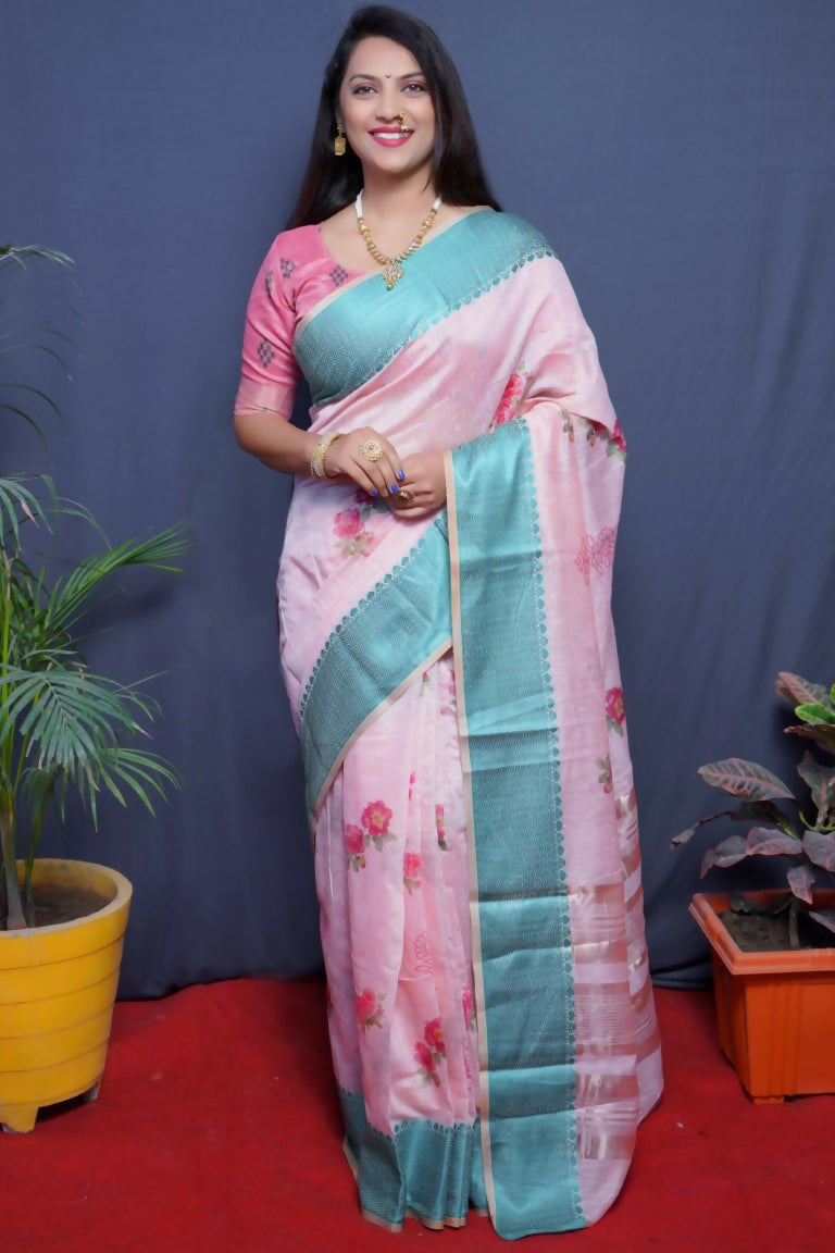 Jyoti Fashion Women's Teal Linen Silk Digital Print with Jacquard Woven Border Saree with Blouse | Swadesiicart